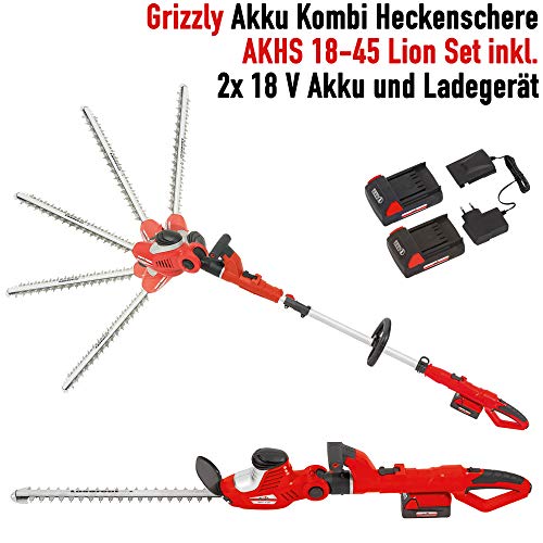 Grizzly Akku Kombi Heckenschere AKHS 18 Set, 2 Heckenscheren zu 1 Preis, 2x 18 V Akku, 45 cm Messerlänge, 4 m Schnitthöhe