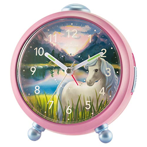 ATRIUM Kinderwecker Siabelle Mädchen Pferd ohne Ticken Snooze Licht analog Quarz rosa A932-17
