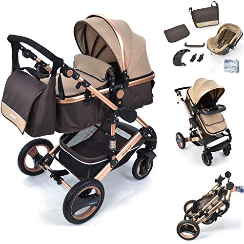 3 in1 Kinderwagen Kombikinderwagen Bambimo Buggy & Babyschale Farben Braun - Gold incl. Wickeltasche - Regenschutz - Ablage Tisch.