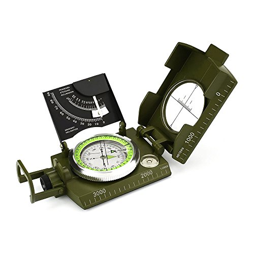 Kompass Wasserdicht Militär Marschkompass Metall Taschenkompass mit Fluoreszendem Leuchtzifferblatt , Kartenmaßstab, Neigungsmesser, Schutztasche und Tragband für Reisen Wandern Camping Jagd, Grün
