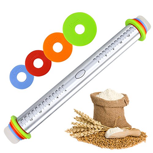 Fixget Nudelholz, Edelstahl Teig-Roller-Nudelholz 4 abnehmbare abnehmbare Ringe Metall Nudelholz für Backen Fondant Kuchen Teig Roller für Pie Crust, Cookie, Pastry Dough