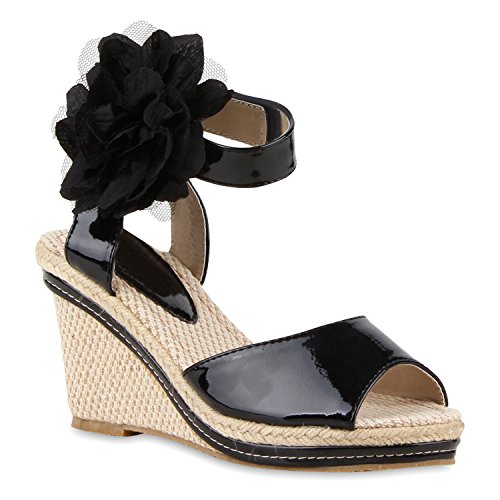 Damen Keilsandaletten Sandaletten Keilabsatz Sandalen Wedges Plateau Schaftsandaletten Schuhe 118176 Schwarz Blume 40 Flandell
