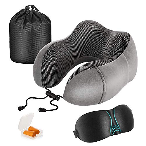Newdora Reisekissen Memory Foam Nackenkissen Flight Pillow Travel Kit Kompakt und atmungsaktiv zum Schlafen Nickerchen Flugzeug Auto Büro mit Schlafmaske, Ohrstöpsel und Tasche (dunkel grau)