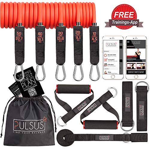 PULSUS fit Fitnessband Resistance Bands Set mit Übungsvideo App - Pro Expander Bänderset: 5 Widerstandsbänder, Griffe, Fußschlaufen, Türanker & Tragetasche | Sling Trainer