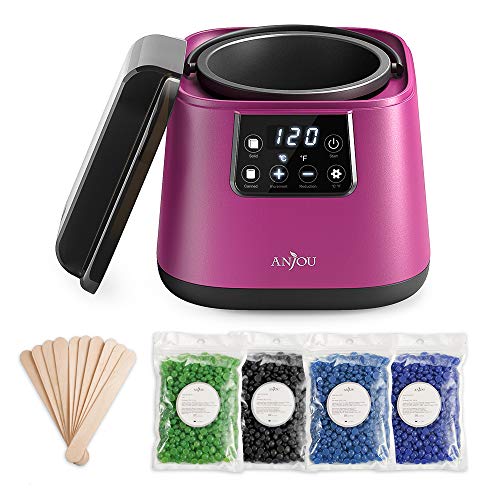 Wachswärmer Anjou elektrischer Wachserhitzer mit LCD Temperaturanzeige Automatischer Schmelzmodus 500ml Heime Harrentfernung Wachsbohnen 4x100g, Arm Beine Gesicht Bikini-Zone
