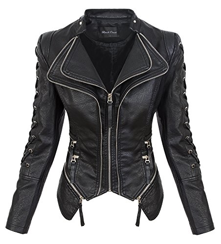 Rock Creek Damen Kunstleder Jacke Übergangs Jacke Leder Optik Bikerjacke D-365 [WS-967 Black XL]
