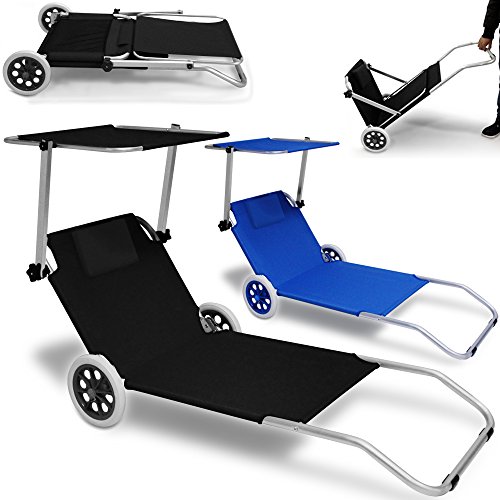 Alu Strandliege Kreta  mit Dach  klappbar  2 Räder - Sonnenliege Gartenlige Strandrolli Liege - Farbauswahl - blau