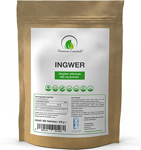 Ingwer hochdosiert, 180 Tabletten (vegan), 600mg Ingwerwurzel-Extrakt aus 12.000mg Pulver je Tablette, Vorrat für 6 Monate