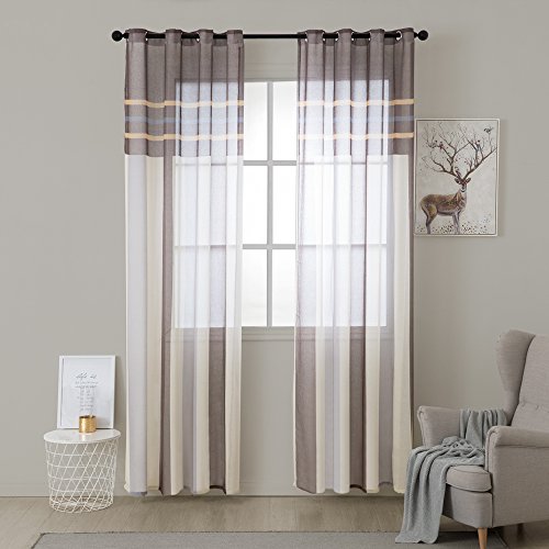 MIULEE Voile Vorhang Transparente Gardine aus Voile mit Ösen Schlaufenschal Ösenschals Transparent Fensterschal Wohnzimmer Schlafzimmer 2er Set 140 * 175 cm Weiß + Hellbraun