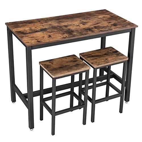 VASAGLE Bartisch-Set, Stehtisch mit 2 Barhockern, Küchentresen mit Barstühlen, Küchentisch und Küchenstühle im Industrie-Design, für Küche, 120 x 60 x 90 cm, Vintage, dunkelbraun LBT15X