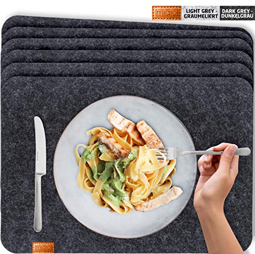Miqio - Design Platzset - Filz und Leder - 6 waschbare Premium Tischsets/Untersetzer (dunkelgrau anthrazit)