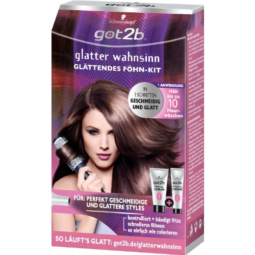 Schwarzkopf got 2b glatter wahnsinn Glättendes Föhn-Kit Inhalt: 1 Tube Glättungs-Serum 80ml, 1 Tube got2b Versiegelung-Creme 60ml, 1 Paar Handschuhe und Gebrauchsanleitung. Glättungs-Set kontrolliert + bändigt frizz schnelleres föhnen so einfach wie colorieren.