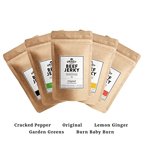 Beef Jerky • Aus Deutschland • Trockenfleisch vom Rind im Set • Alle 5 Sorten • 70% Eiweiß (5 x 50g = 250 Gramm)