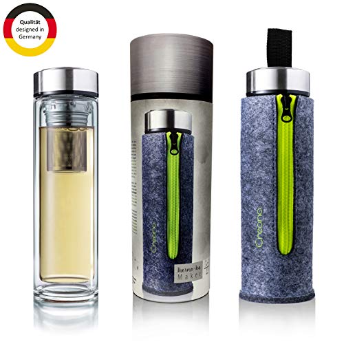 Creano exclusiver Teebereiter'Thermo-Teamaker' 400ml aus doppelwandigem Borosilikatglas mit entnehmbarem Edelstahl Tee Sieb & -deckel in edler Filz-Tasche im hochwertigen Geschenkkarton (Grün)