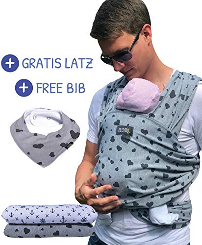 HECKBO Babytragetuch grau mit schwarzen Herzen - inkl. GRATIS Baby-Lätzchen & Tasche - extra groß: 520 x 60 cm - hochwertiges & elastisches Baby Tragetuch Wickeltuch für Neugeborene & Babys bis 15 kg