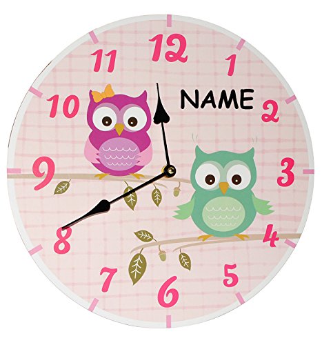 alles-meine.de GmbH Wanduhr aus Holz -  lustige Eulen  - incl. Namen - 34 cm groß - sehr leise ! - Uhr - Analog - Kinderzimmer & Wohnzimmer - Blätter Holzuhr / für Kinderuhr - ..