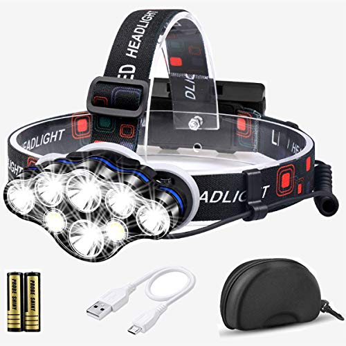 Mirviory Stirnlampe, 13000 Lumen Brighest 8 LED kopflampe Taschenlampe mit  weiß Rot Beleuchtung, USB Wiederaufladbare Wasserdicht stirnlampe, 8 Betriebsarten für Outdoor Camping Angeln