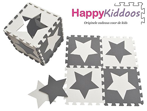 Happykiddoos Puzzlespielmatte 10 Foam Matte. Spielmatte Schaumstoff Verriegelung Puzzle Kinderteppich. Jede Matte hat eine Größe von 30x30cm und ist 1 cm dick (Stern, Grau/weiß)