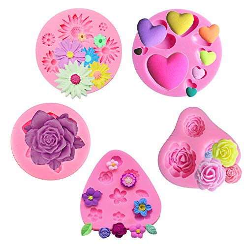 SIMUER 3D Blumen Form Silikon Backform Fondant Ausstechform Kuchen Fondant Dekorieren Schokoladenform DIY handgefertigt Tools 5 Stück (Rosa)