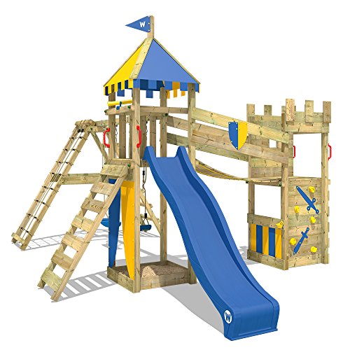 WICKEY Spielturm Smart Legend 150 - Klettergerüst mit Schaukel, Sandkasten, Kletterwänden und -leiter, großem Kletteranbau, Wackelbrücke und blauer Wellenrutsche