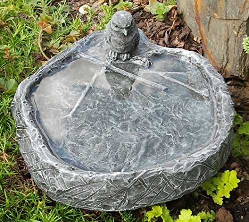 Vogeltränke mit Vogel Schiefergrau, Frostsicher, Vogelbad, Stein, Garten