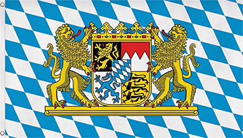 Flagge Bayern Löwe Freistaat 90 x 150 cm Fahne mit 2 Ösen 90g/m² Stoffgewicht Hissen EXTREM REIßFEST,sehr robust, extra starke Messing-Ösen - mehrfach umlaufend genäht, ideal als Hissflagge Hissfahne für Innen/Außen, für Haus, Garten zur Deko, verstärkte Stoffqualität, hohe Farbbrillanz, Lichtecht , sauber vernäht