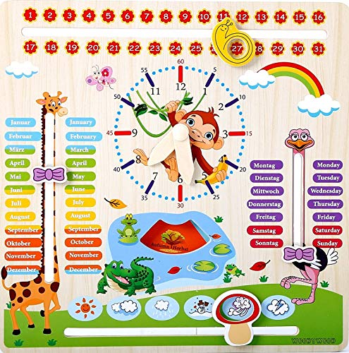 WoodyWood Kalenderuhr Kinder Lernuhr Holz Lernspielzeug 30X30cm zweisprachig