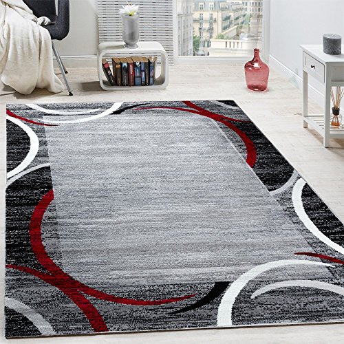 Paco Home Wohnzimmer Teppich Bordüre Kurzflor Meliert Modern Hochwertig Grau Schwarz Rot, Grösse:160x220 cm