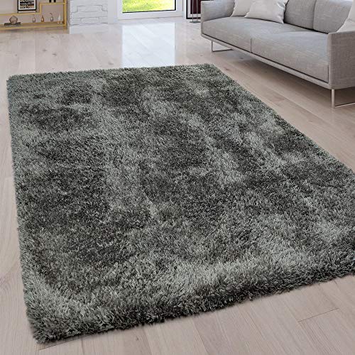 Paco Home Hochflor Wohnzimmer Teppich Waschbar Shaggy Uni In Versch. Größen u. Farben, Grösse:80x150 cm, Farbe:Grau
