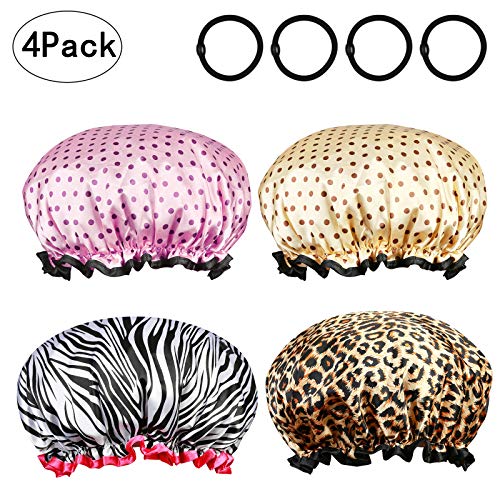 4er große Duschhaube,ZOOMSKY Wasserdicht Damen Badehaube mit Elastik Band Haarschutz Doppelschicht wiederverwendbar Haarhaube Dusche Kappe mit 4er Haargummi für Reise Hotel Bad Spa