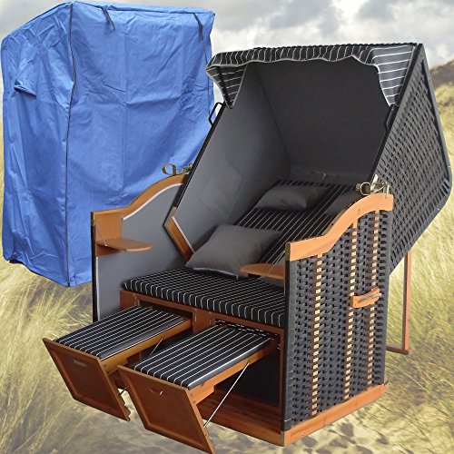 XINRO XL Volllieger Strandkorb Ostsee - anthrazit, schwarzes Polyrattan - XY-71-118cm breit - inkl. Strandkorbhülle - inkl. 4 Kissen