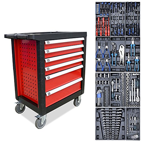 Hengda Werkzeugwagen gefüllt mit 220pcs Werkzeug Rot Rollwagen Kugelgelagert