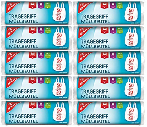 200 Müllbeutel/Mülltüten mit Tragegriff, 50 Liter, 20 Stück pro Rolle, Reißfest & Flüssigkeitsdicht, Produkt & Verpackung recyclebar (10er Pack)
