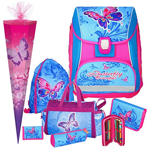 Spirit BUTTERFLY Pro Light - Schmetterling - Leicht-Schulranzen-Set mit BLINKENDEM LED-Schloss 7teilig mit SCHULSPORTTASCHE und SCHULTÜTE