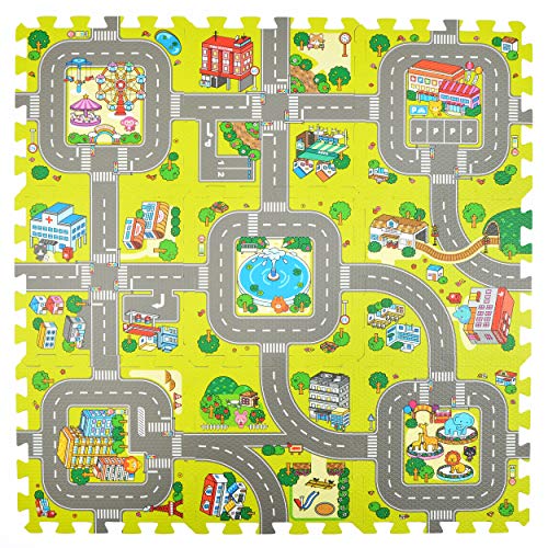 Pink Papaya Puzzlematte Stadt, Straßen-Teppich 92x92cm, 9tlg. Spielmatte Puzzle für Kinder