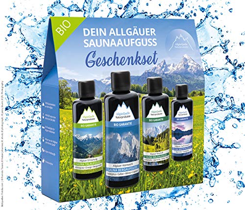 Saunaaufguss-Set mit 100% BIO-Sauna-Öle 4x100ml -  Allgäuer Erfrischung  Allgäuer Naturluft  Allgäuer Atemwohl  Allgäuer Zapfenstreich. Das Bio-Saunaduft Set. Bio-Saunaöl-Set.