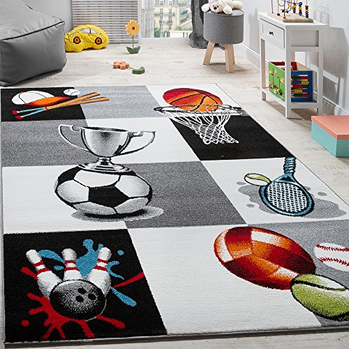 Paco Home Kinderteppich Pokal Basketball Fussball Kinder Teppich Tennis Karo Grau Creme, Grösse:160x220 cm