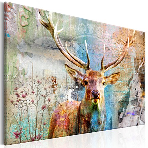 decomonkey | Bilder Hirsch 120x80 cm | 1 Teilig | Leinwandbilder | Bilder | Vlies Leinwand | Bilder | Wand | Bild | Wandbild | Kunstdruck | Wanddeko | retro Vintage Tiere Hirsche Blumen Holz Textur Aufschriften