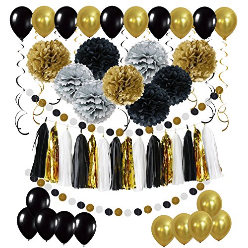 61 Stück Partei Dekorationen, Cocodeko Pompoms Blumen, Spiral Girlanden, Quasten Girlande, Polka Dot Papier Girlande und Luftballon für Geburtstag Parteien Hauptdekorationen - Schwarz, Gold und Silber