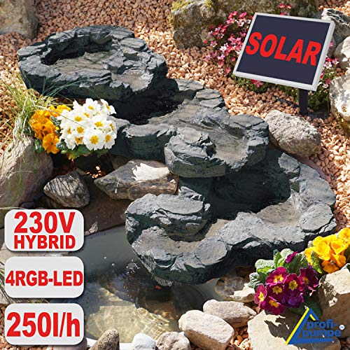 AMUR Solar GARTENBRUNNEN Bachlauf QUELLBACH II mit LED-Licht/Hybrid-System, 230V ZIERBRUNNEN VOGELBAD Wasserfall GARTENLEUCHTE TEICHPUMPE - SPRINGBRUNNEN WASSERSPIEL für Garten, Gartenteich, Teich