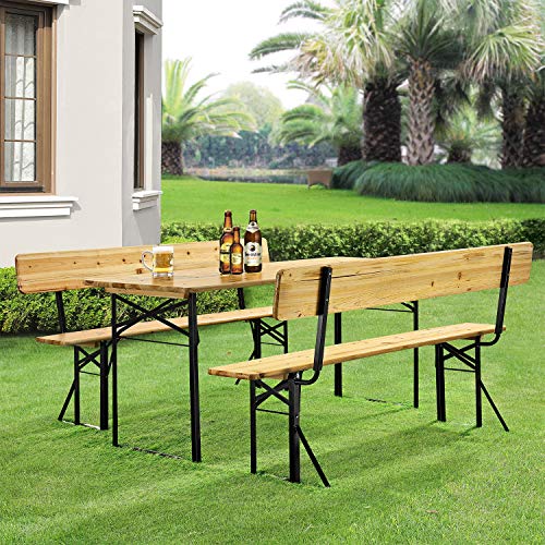 Juskys Holz Bierzeltgarnitur mit Rückenlehne 170 cm | 3-teilig | 2 Bierbänke & breiter Biertisch | Festzeltgarnitur Biertischgarnitur Gartenmöbel-Set