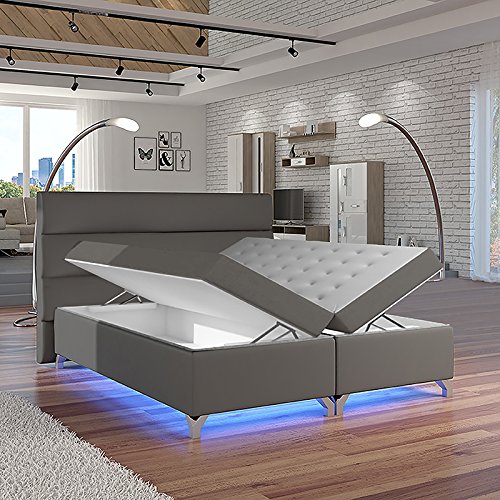 Selsey Luciano – Doppelbett/Boxspringbett in Grau mit Bettkasten Bonellfederkernmatratze und Topper (180x200 cm)
