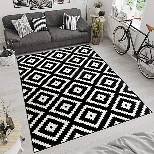 Tapiso MAROKO Teppich Modern Kurzflor Geometrisch Diamant Karo Marokkanisch Viereck Muster Schwarz Creme Wohnzimmer ÖKOTEX 80 x 150 cm