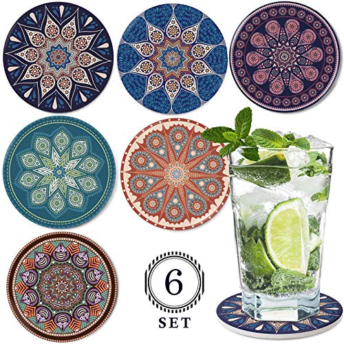 DINGHENG Untersetzer Saugfähige Keramik Untersetzer mit Korkrücken Mandala Stil für Tassen Tisch Bar Glas 6er Set