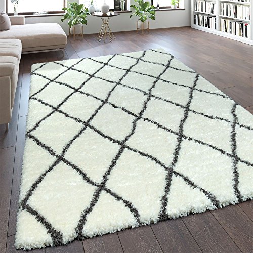 Paco Home Teppich Wohnzimmer Creme Weiß Weich Groß Shaggy Flokati Rauten Muster Hochflor, Grösse:200x290 cm