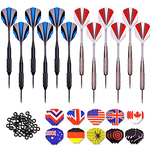 W.M DART Dartpfeile,12 Stück Steel Darts Pfeile Set,24 Gramm Profi Steeldarts mit Metallspitze,Darts Steel,dartpfeil,Dart,Aluminium Schaft,30 Flights,50 Anti-Lose Gummiringe,Steeldarts