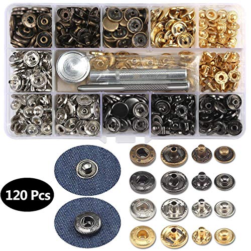 Aibesser 120pcs Metall Druckknopf mit Fastener Tool, Druckknopf, Knöpfe Leder Nieten für für Bekleidungs-Reparatur, Jacken, Jeans, Taschen, Riemen und Nähen Jobs 4 Farben Gold, Silber, Bronze, Gunmetal