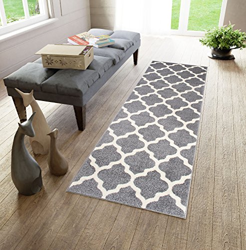 Läufer Teppich Brücke Teppichläufer - Orientalisches Marokkanische - Dichter Und Dicker Flor Modern Designer Muster - Ideal Für Ihre Wohnzimmer Schlafzimmer Esszimmer - ' CASABLANCA ' Kollektion von Carpeto - Grau Weiß - 60 x 150 cm