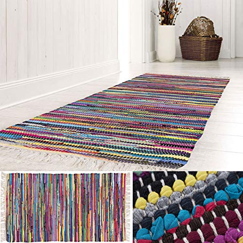 andiamo Bunter Flickenteppich aus Baumwolle, pflegeleichter Fleckerlteppich, handgewebt, robust, Größe:70 x 140 cm