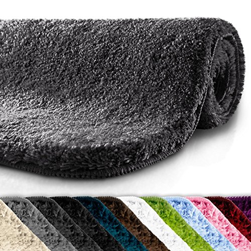 Badematte | kuscheliger Hochflor | rutschfester Badvorleger | viele Größen | zum Set kombinierbar | Öko-Tex 100 zertifiziert | rund Durchmesser 95 cm |Stormy Grey (anthrazit)